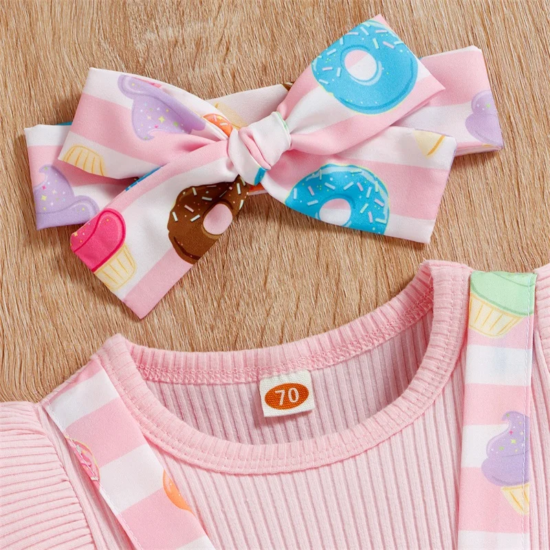 

Infant Baby Girl Romper Clothes Doughnut Fly Sleeve Bodysuit Overalls Newborn Summer Outfits Bow Headband 2pcs