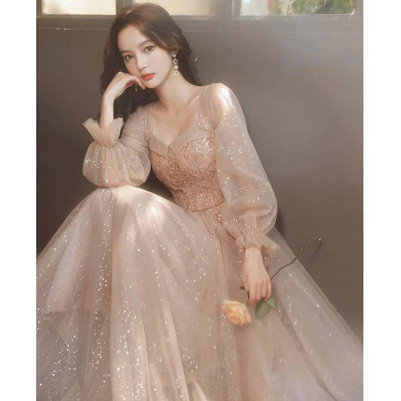 

Long Sleeve Women's New Banquet Temperament Art Exam Champagne Light Luxury Minority Meeting Host Dress