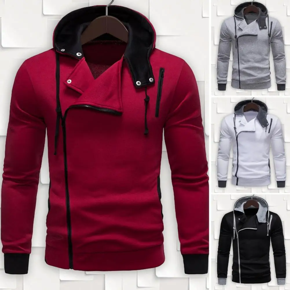 

Buttoned Men Hoodie Men's Fall Hoodie with Oblique Zipper Elastic Cuff Long Sleeve Hooded Sweatshirt in Contrast Colors Soft