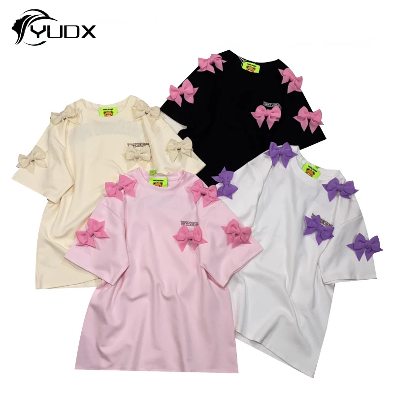 

YUDX New Spring Summer Short Sleeve Women Tshirts Embroidery Cute Bow Brooch Loose Pullover Top All-match O-neck Cotton Tees