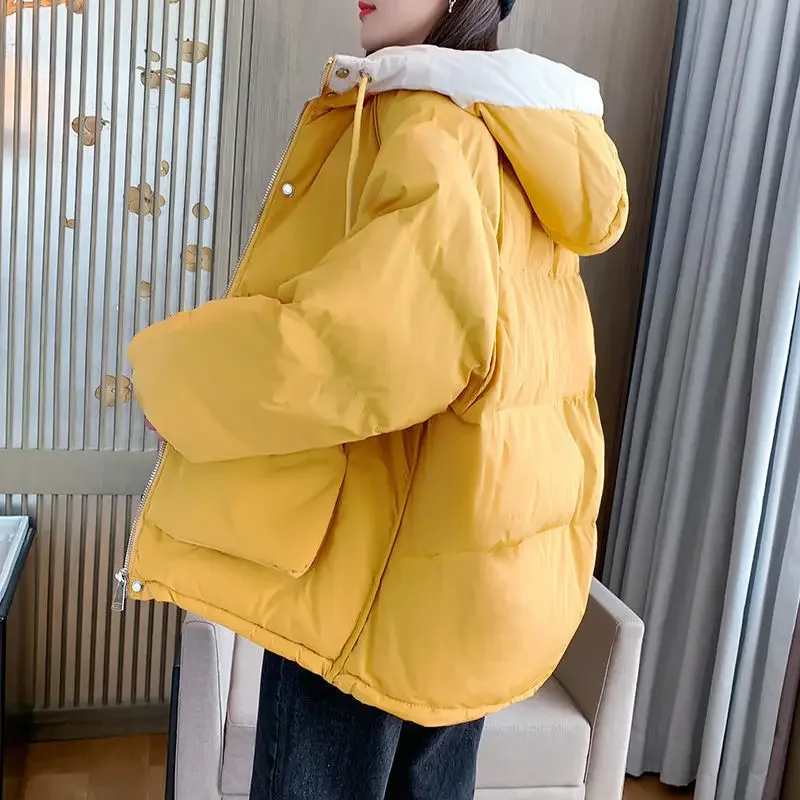 

Hooded Women Jacket Winter 2023 Korean Warm Female Cold Coat Pocket Solid Parkas Padding Long Sleeve Thick New in Outerwears