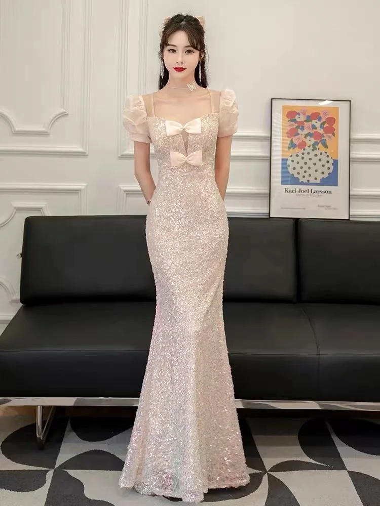 Light Champagne Mermaid Evening Dress Square Collar Bow Puff Sleeves Reflective Gradient Sequins Party Prom Gowns robe de soirée
Light Champagne Mermaid Evening Dress Square Collar Bow Puff Sleeves Reflective Gradient Sequins Party Prom Gowns robe de soirée