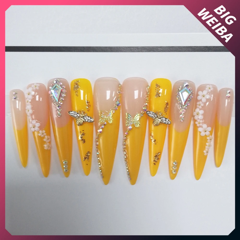 XXXL Extra Long Fake Nails Yellow Bees Butterfly White Flower Diamond 3D Handmade Stiletto Nail Water Drop Artifical Nails
XXXL Extra Long Fake Nails Yellow Bees Butterfly White Flower Diamond 3D Handmade Stiletto Nail Water Drop Artifical Nails