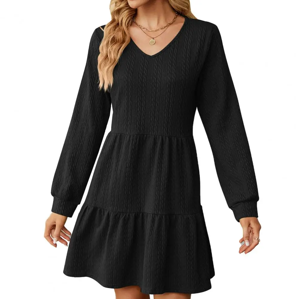 

Autumn Women Dress Elegant 2023 V Neck Long Sleeve Pleated Big Swing Patchwork Hem Solid Color Mini Dress vestido feminino