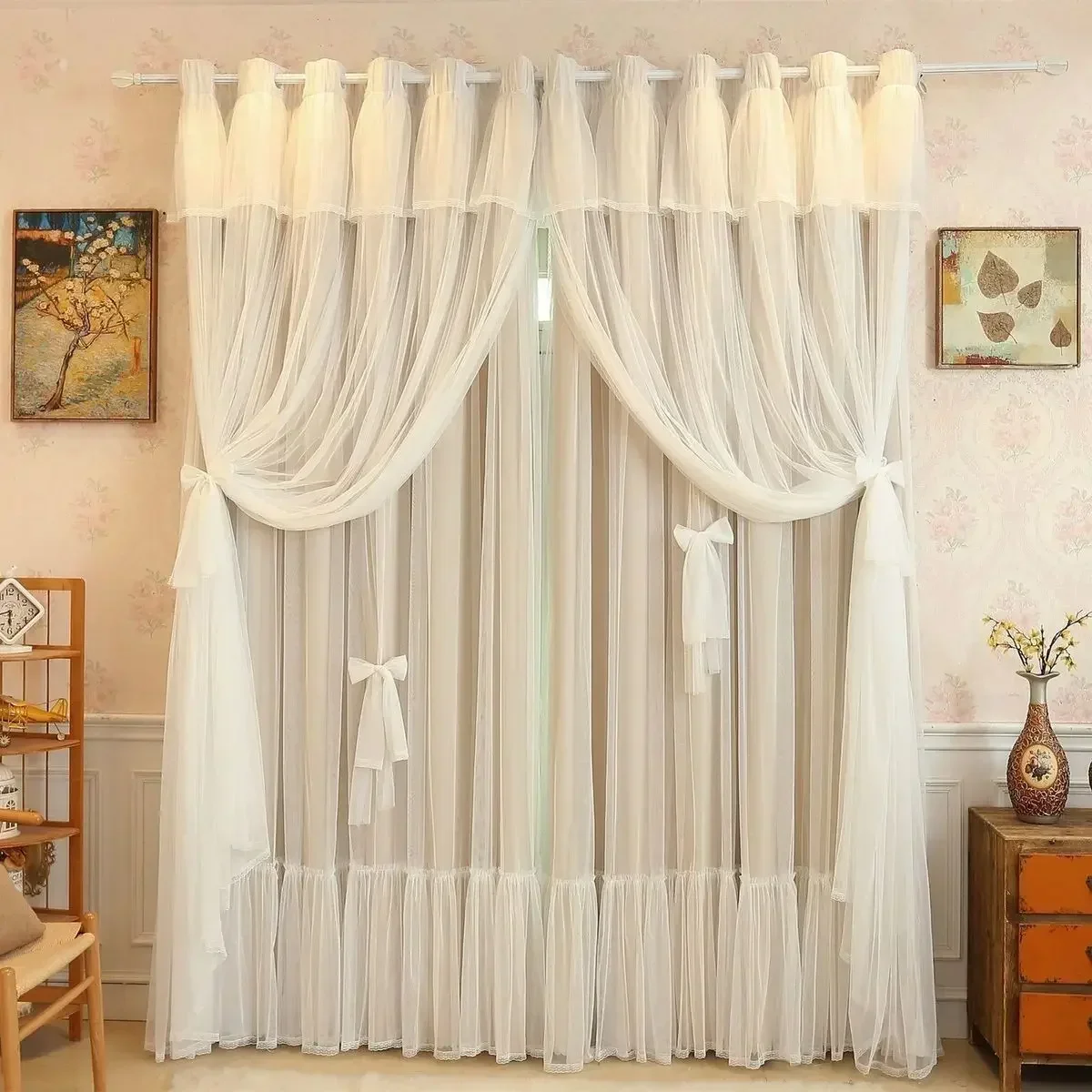 

21219-stb- Embroider Tulle Double Layer Luxury Curtains for Living Room Bedroom Embossed Design Blackout