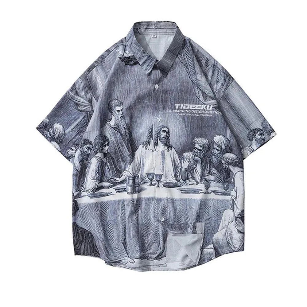 

Loose Casual Short-sleeved Shirt Men's Jacket Summer Last Supper Theme Print Personality Street Retro Oil Painting Dark Fashion