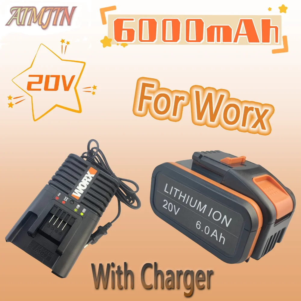 

20V 6000mAh For Worx WA3551.1 6.0Ah Li-ion Battery WA3553.2 WX390 WA3572 WX367 Rechargeable electric tool battery with charger