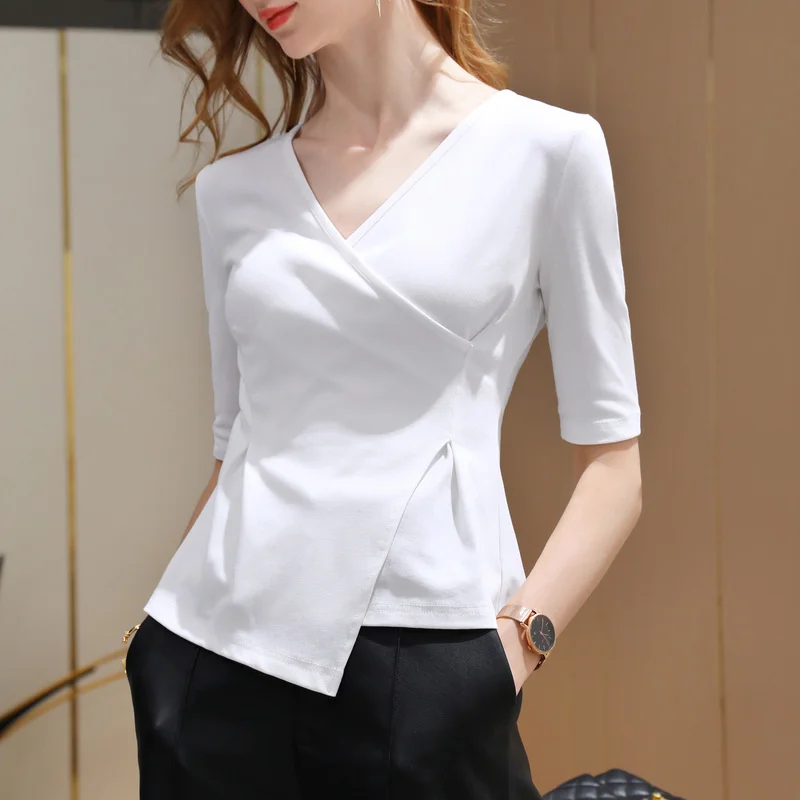 

White T-shirt Women's Summer Crossed V Neck Cotton Tee Lady Half Sleeve Base Tees Asymmetrical Waisted Niche Chic Tops