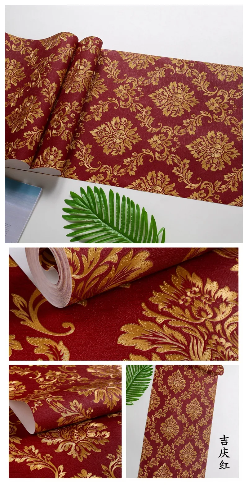 Generic Luxury Red Damask Wllpaper Retro 3D Stereo European Floral Wallpaper Damascus Bedroom