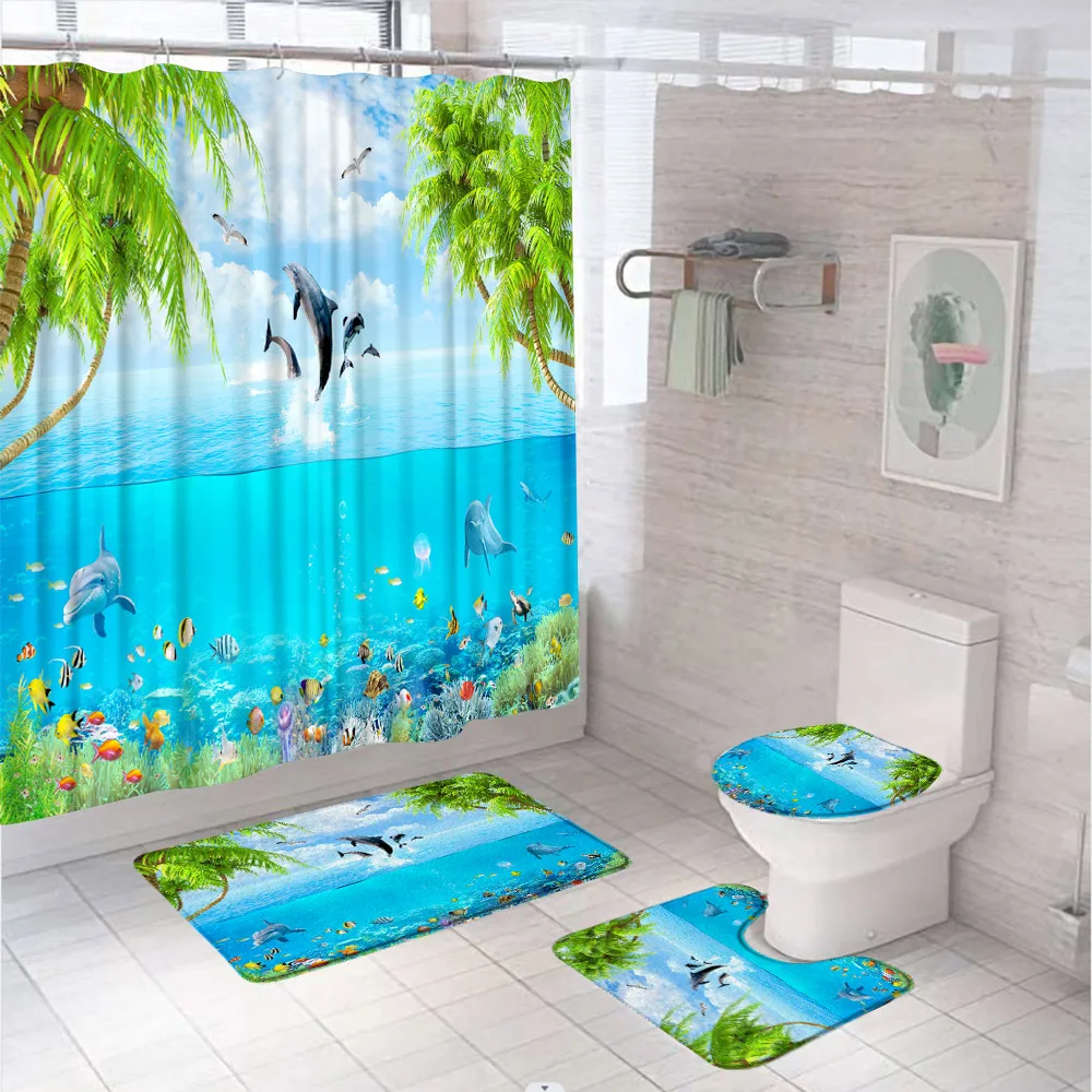 

Tropical Fish Dolphin Shower Curtain Set Bathroom Decor Blue Ocean Palm Trees Scenery Anti-Slip Carpet Bath Mat Rug Toilet Cover