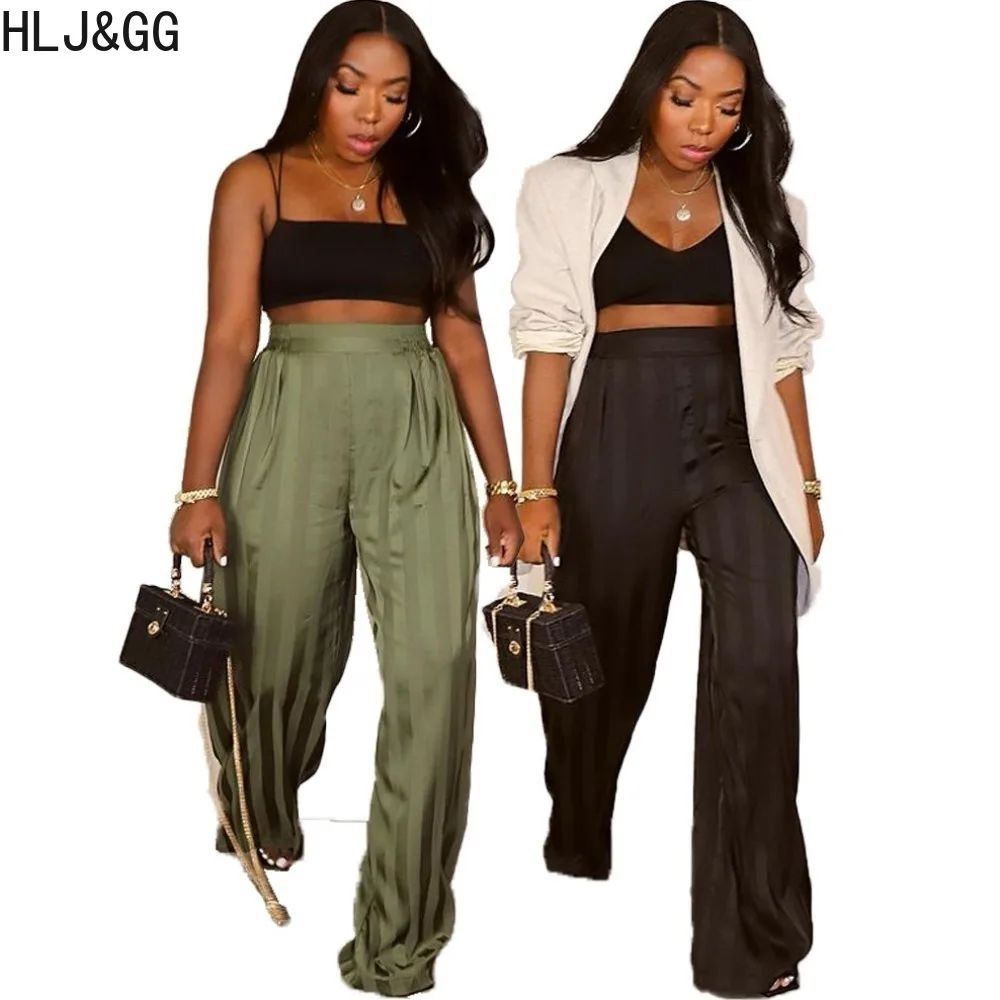 

HLJ&GG Spring New Stripe Printing Satin Finish Loose Wide Leg Pants Women High Waist Trousers Casual Female Matching OL Bottoms