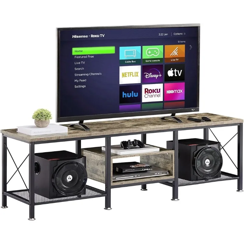 

VECELO Industrial TV Stand for 70 Inch Television Cabinet 3-Tier Console with Open Storage Shelves, Entertainment Center