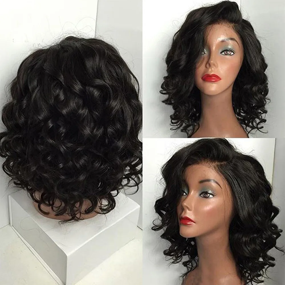 

Black Women'S Short Curly Hair Oblique Bangs Tan Fashion Synthetic Chemical Fiber High Temperature Silk Wig Head Cover