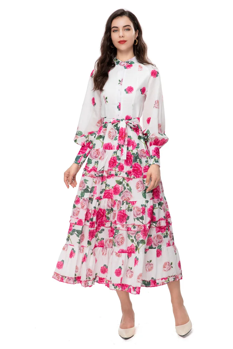 Designer High Quality Women Long Dress Stand Collar Lantern Sleeves Printed Sashes Single-breasted Bohemian Midi Dress
Designer High Quality Women Long Dress Stand Collar Lantern Sleeves Printed Sashes Single-breasted Bohemian Midi Dress