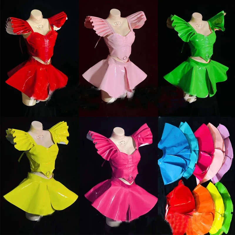 

Colorful Patent Leather Fly-Shoulder Top Skirt Women Pole Dance Outfit Bar Nightclub Ds Dj Gogo Wear Drag Queen Costume