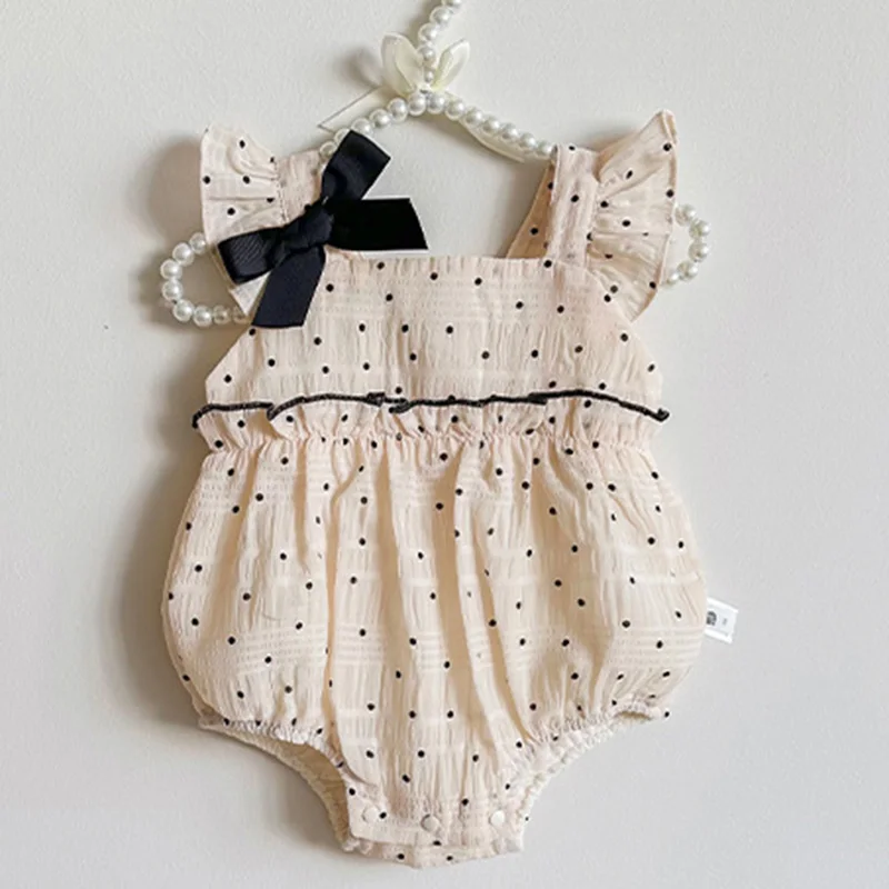 Летний комбинезон для маленьких девочек, хлопковый комбинезон с рукавами-мушками и принтом в горошек, боди для маленьких девочек, одежда для маленьких девочек