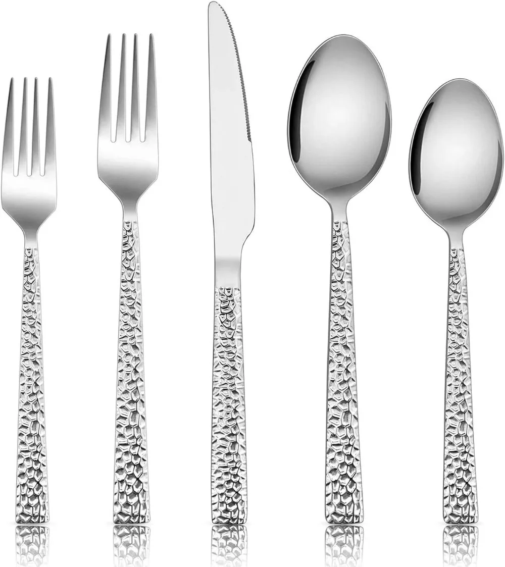 

E-far 60-Piece Silverware Set, Hammered Stainless Steel Square Flatware Cutlery Set for 12, Tableware Set Eating Utensils