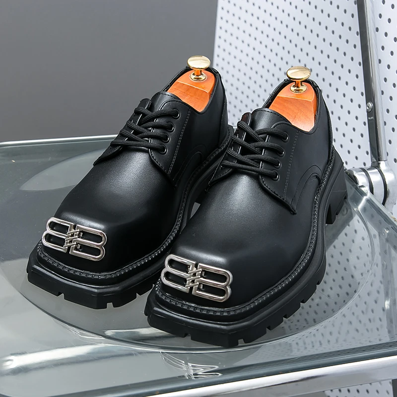 

Brand Design Black Derby Shoes For Men Leather Platform Oxfords Shoes Men Square Toe Formal Dress Shoes Casual Social Male Shoe