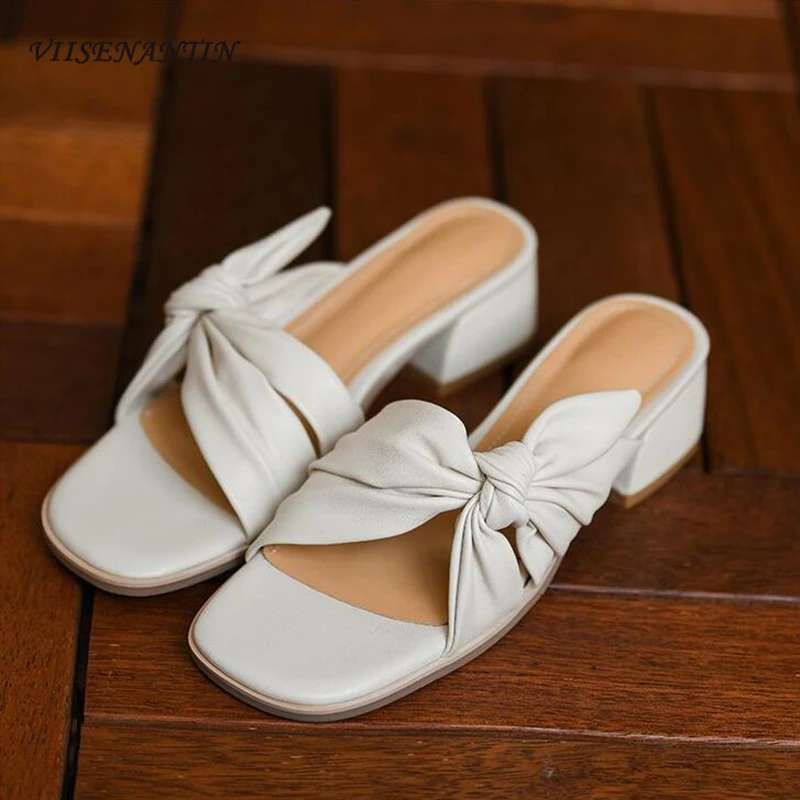 

Size 34-43 Slippers Women Summer Shoes New Style Open Square Toe Chunky Heel Outdoor Slides Butterfly Knot Casual Shoes Females