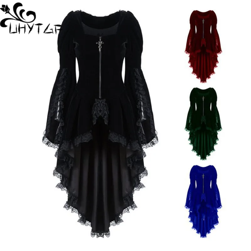 

Gothic Long Sleeve CrossIrregular Velvet Tuxedo Dresses Women Lace Hem Medieval Ladies Witch Dress Irregular Tops Female 5XL2919