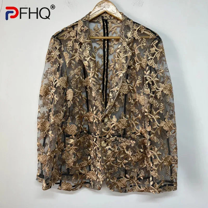 

PFHQ Men's Heavy Industry Embroidery Perspective Blazers Mesh Male Summer Personality Breathable Handsome Suit Jackets 21Z4571