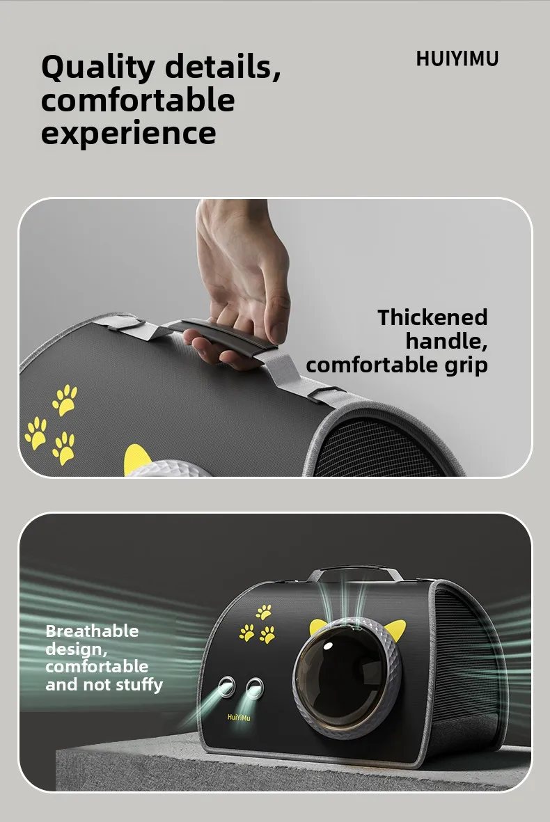 Cat Carrier Bag | Portable Space Capsule Pet Carrier A person holding the thickened, ergonomic handle of the HuiYiMu pet carrier, showcasing the comfortable grip for manual carrying.