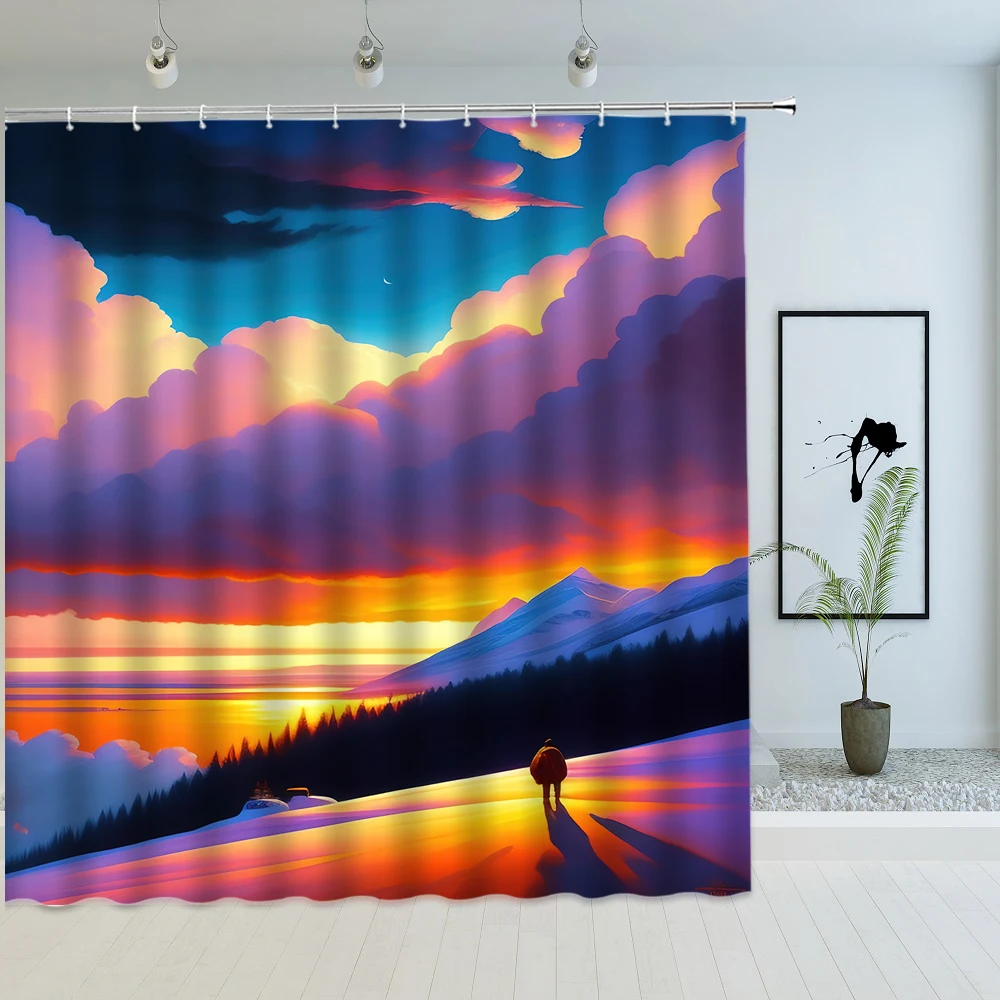 

Scenery Sunset Colorful Cloud Shower Curtain Mountain Valley Multicolor Colored Sunrise Nature Scenery Bathroom Deco Bath Screen