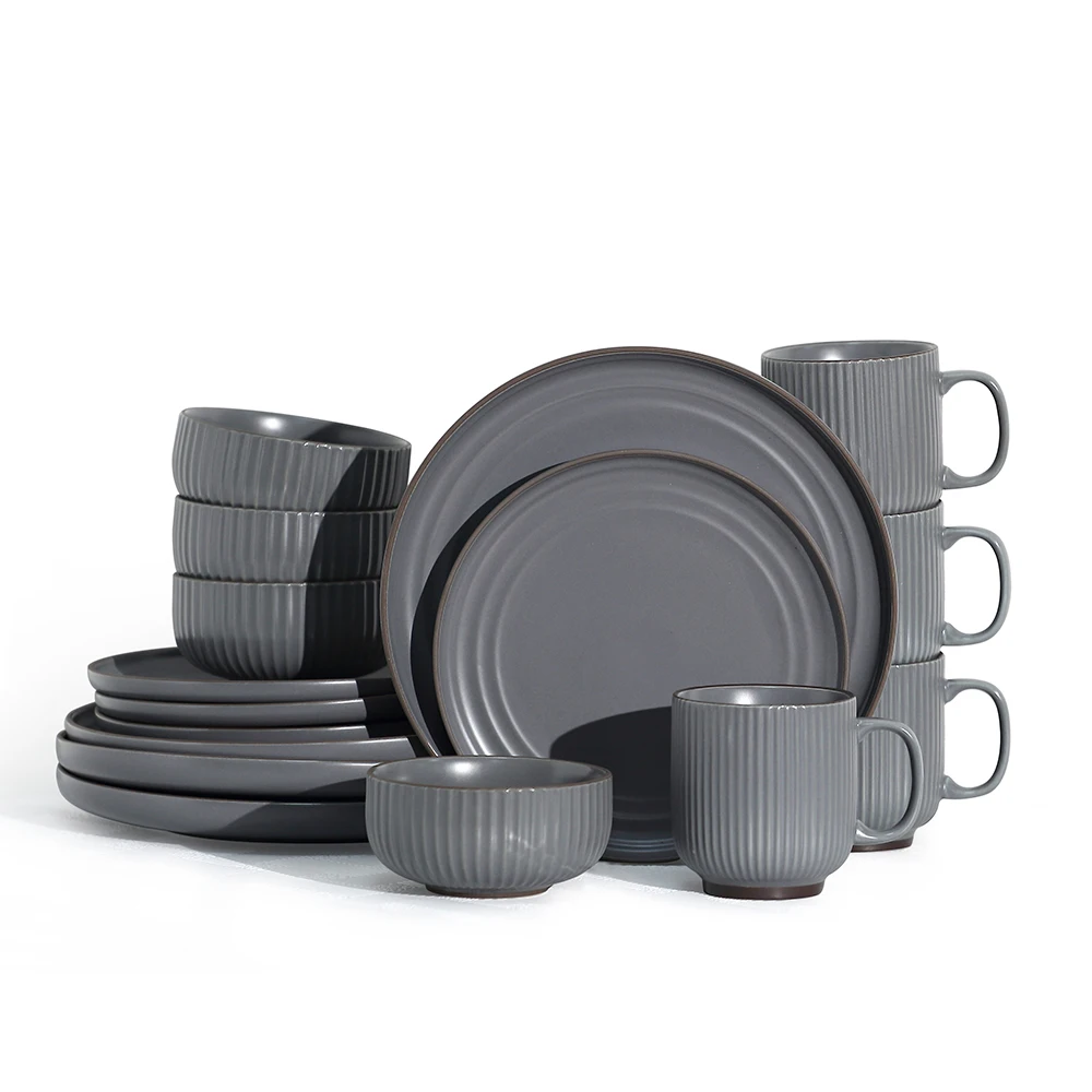 

16-Piece for 4 People Ceramic Stripes Mugs Plates Bowls Combo Porcelain Crockery Dinnerware Set Household Simple Wholesale