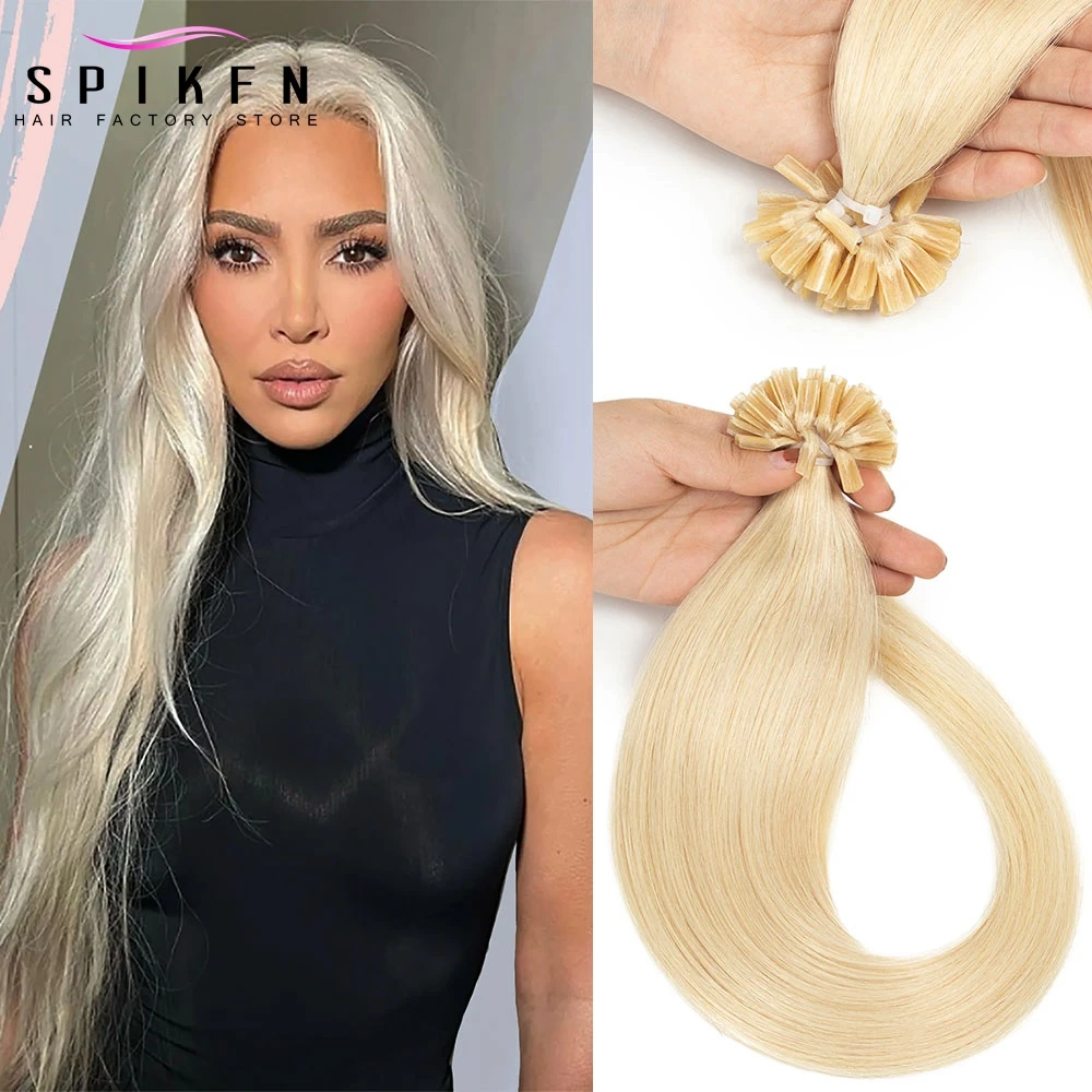 

SPIKFN Blonde U Tip Keratin Capsule Human Hair 12"-24" Nail Tip Straight Machine Remy Pre-Bond Hair Extensions 50pcs Fusion Hair