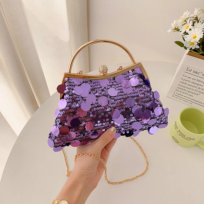 

Модные фиолетовые круглые клатчи с блестками, сумочка с металлическими ручками, Свадебная вечерняя сумка, кошелек на цепочке, сумка-мессенджер на плечо для женщин
