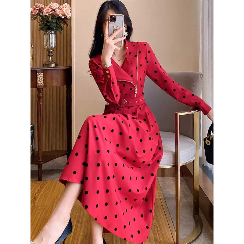 

Fashion Stand Collar Spliced Zipper Sashes Polka Dot Midi Dress Women Clothing 2024 Spring New Loose Office Lady Ladies Dresses