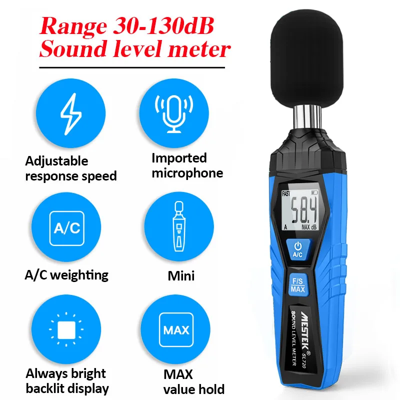 Digital Sound Level Meter Handheld DB Meter 30~130dB A/C Weighting Audio Measuring Instrument Portable Noise Decibel Monitor
Digital Sound Level Meter Handheld DB Meter 30~130dB A/C Weighting Audio Measuring Instrument Portable Noise Decibel Monitor