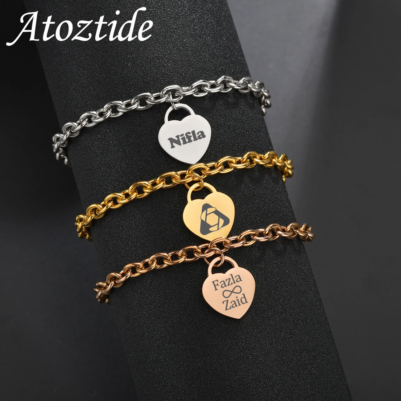 

Персонализированный браслет Atoztide с гравировкой имени для женщин и мужчин, подвеска в виде сердца из нержавеющей стали, толстая цепочка, подарок на день рождения, ювелирные изделия