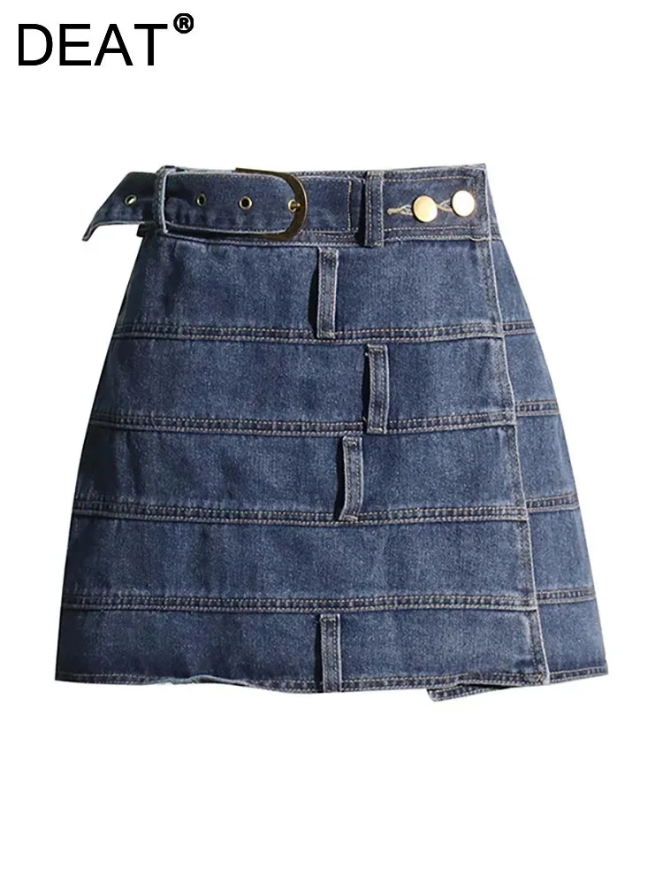 

DEAT Women's Denim Skirt High Waist Patchwork Design Asymmetric Spliced Design A-line Mini Skirt 2024 Summer New Fashion 29L6641