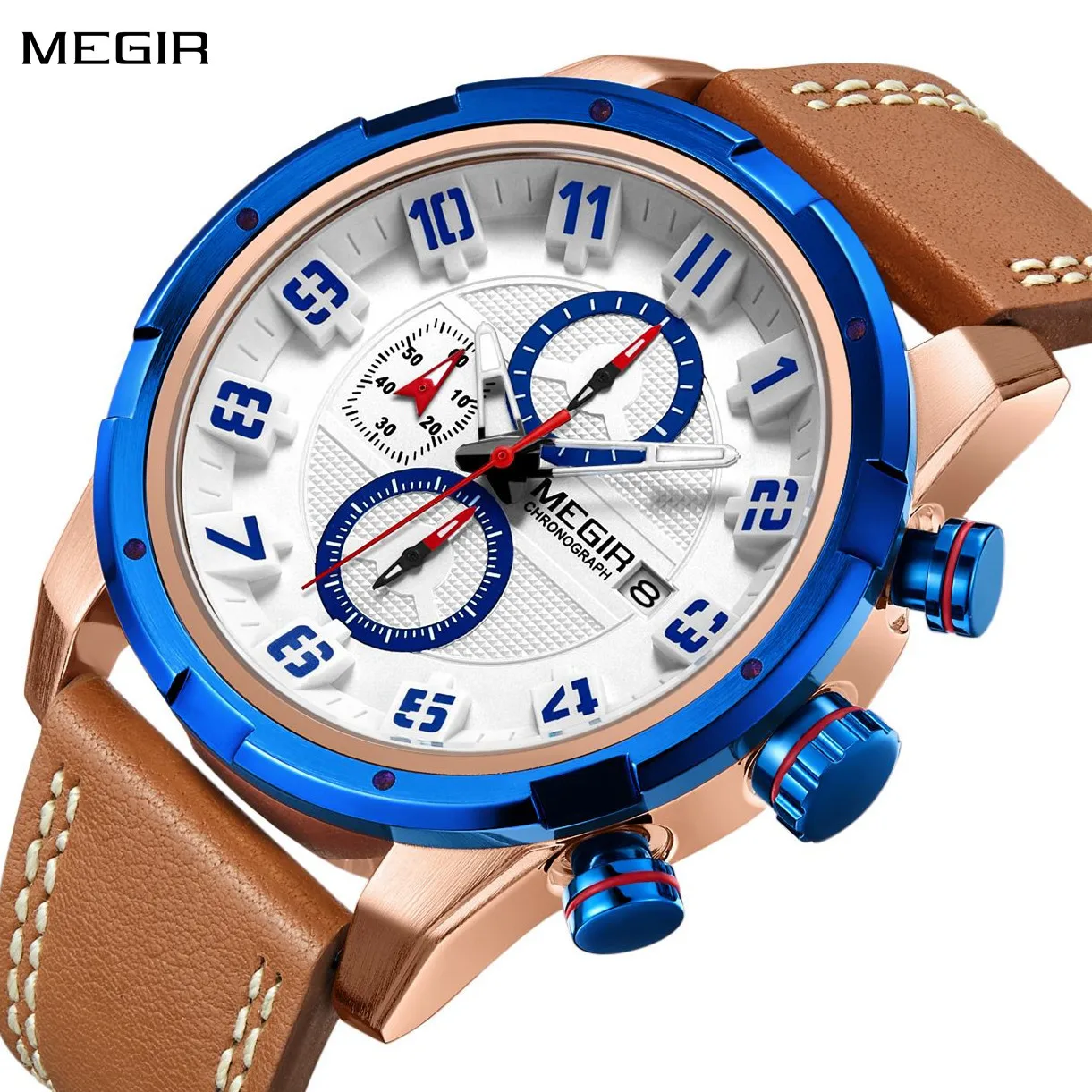 

MEGIR Chronograph Sport Watch Men Clock Leather Quartz Men Wrist Watches Time Hour Army Military Wristwatches Relogio Masculino