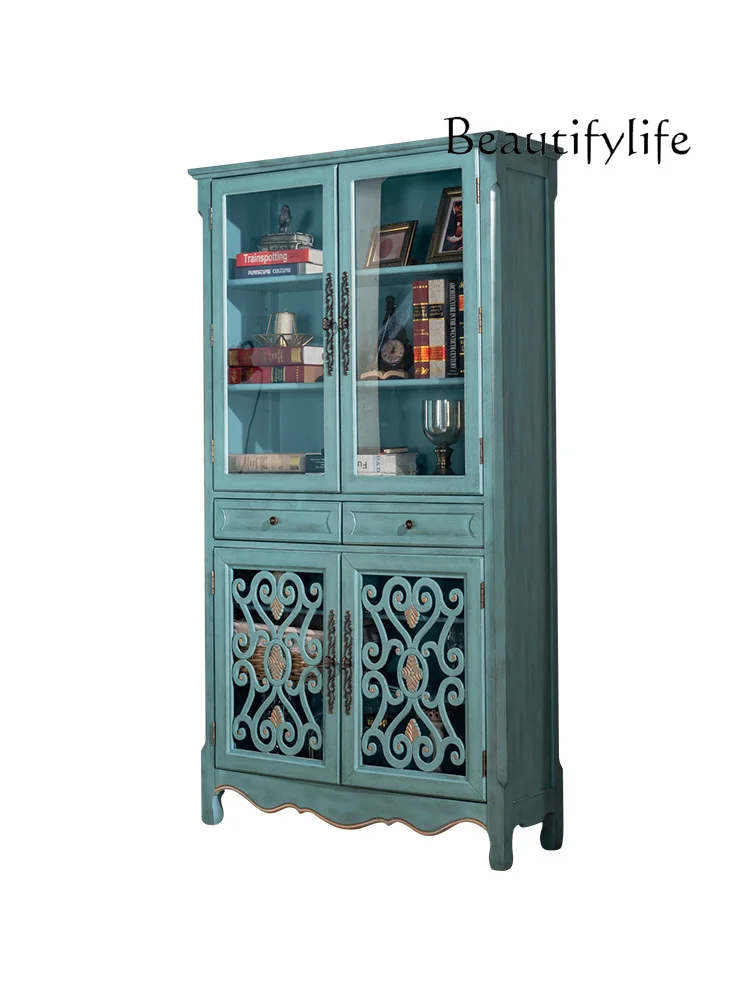 

American Country Storage Rack with Glass Door Four-Door Storage Cabinet Complete Mediterranean Style Bookcase