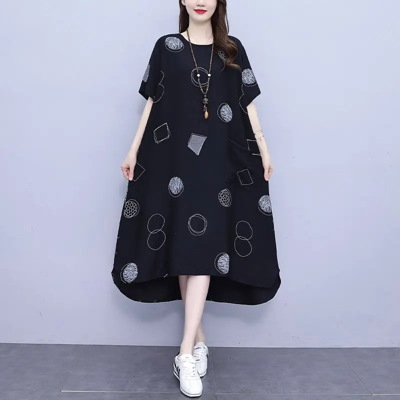 Summer New Plus Size Loose Midi Dress Short Sleeve O-Neck Printing All-match Ladies Dresses Vintage Casual Women Clothing
Summer New Plus Size Loose Midi Dress Short Sleeve O-Neck Printing All-match Ladies Dresses Vintage Casual Women Clothing