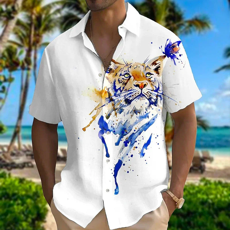 

Shirt Men's Short Sleeve Hawaiian Casual White Graffiti Color Lapel Button Tiger Ink Painting 2023 Spring Summer New XL