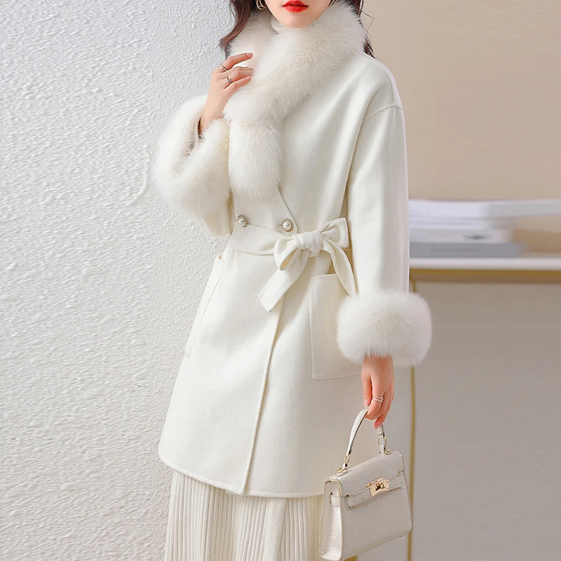 Winter Clothes Women Elegant Fur Collar Long Wool Coats With Belt Solid Color Woolen Jackets Chic Outerwear Ladies Overcoat 
Winter Clothes Women Elegant Fur Collar Long Wool Coats With Belt Solid Color Woolen Jackets Chic Outerwear Ladies Overcoat