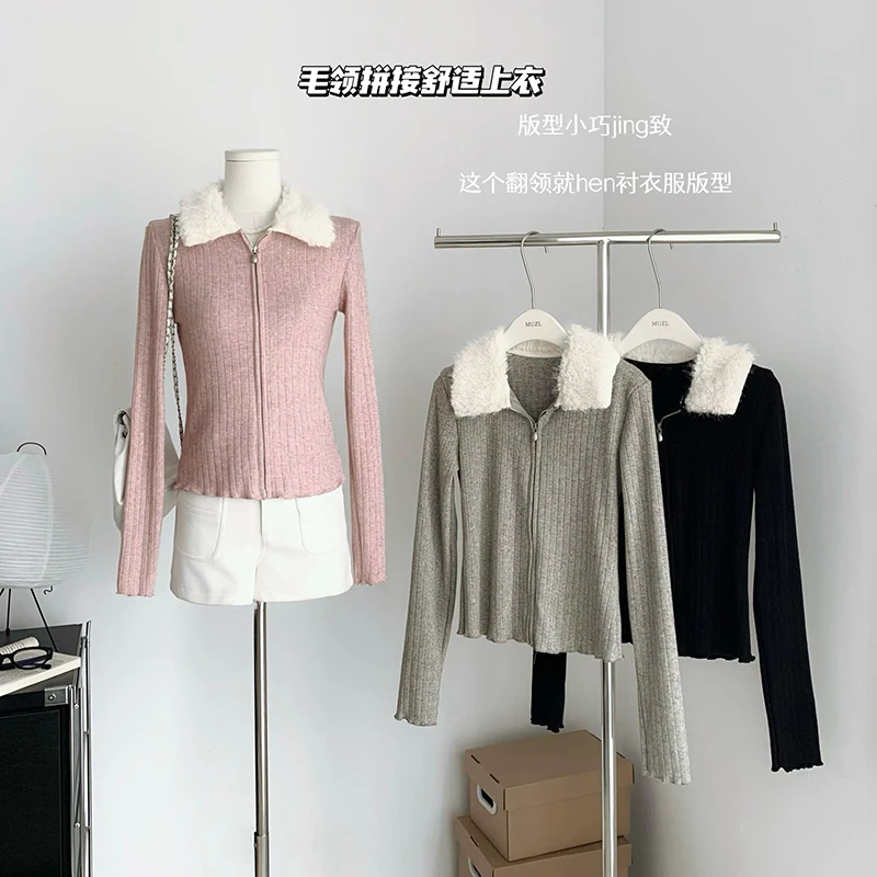 

Faux Fur Collar Sweater Cardigan Woman Ribbing Zipper Long Sleeves Knitted Cardigans For Women Winter Knitwear Coats