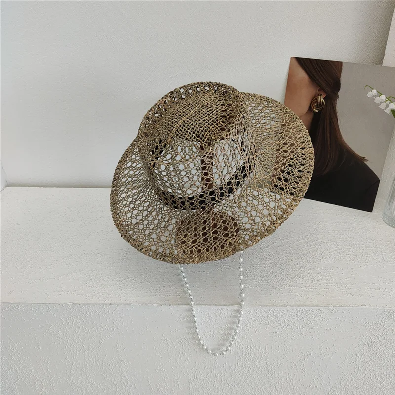 

202304-SHI INS summer dropshipping natural salt grass Openwork weaving pearl chain lady fedoras cap women panama jazz hat