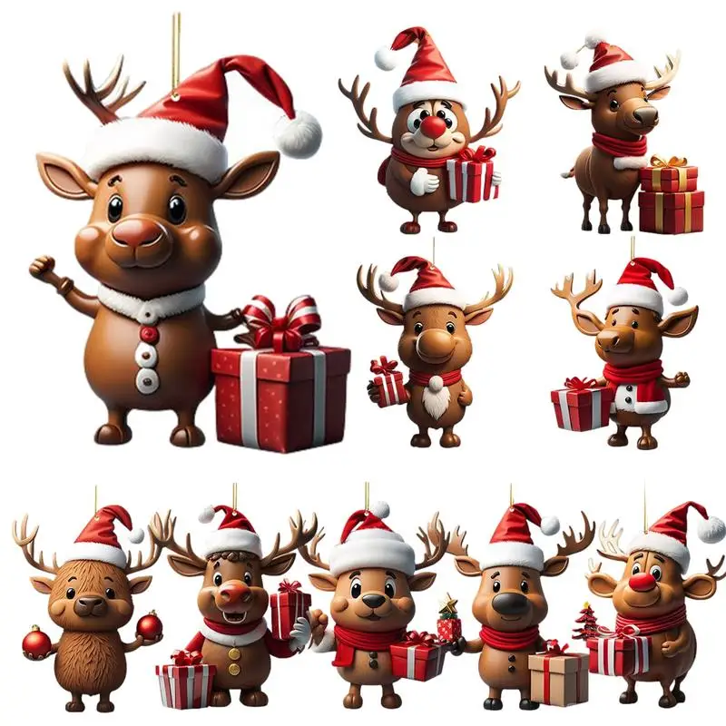 

10pcs Christmas Deer Tree Ornaments 2D flat cute cartoon elk Christmas ornament Cute Reindeer Print Wall Hangings decor pendant