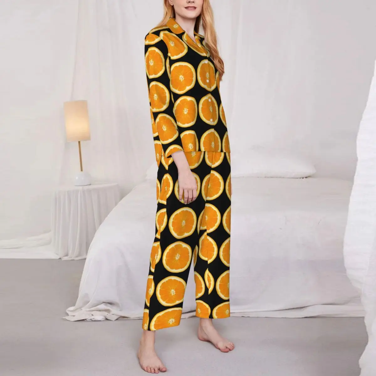 

Oranges Slices Sleepwear Spring Fruits Print Vintage Oversized Pajama Sets Female Long-Sleeve Cute Home Design Home Suit