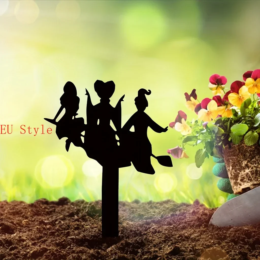 

1pc Witch Garden Decoration Stake Metal Insert Silhouette Plaque Statue Halloween Easter Yard Fall Decor Outdoor Gift Gardener O