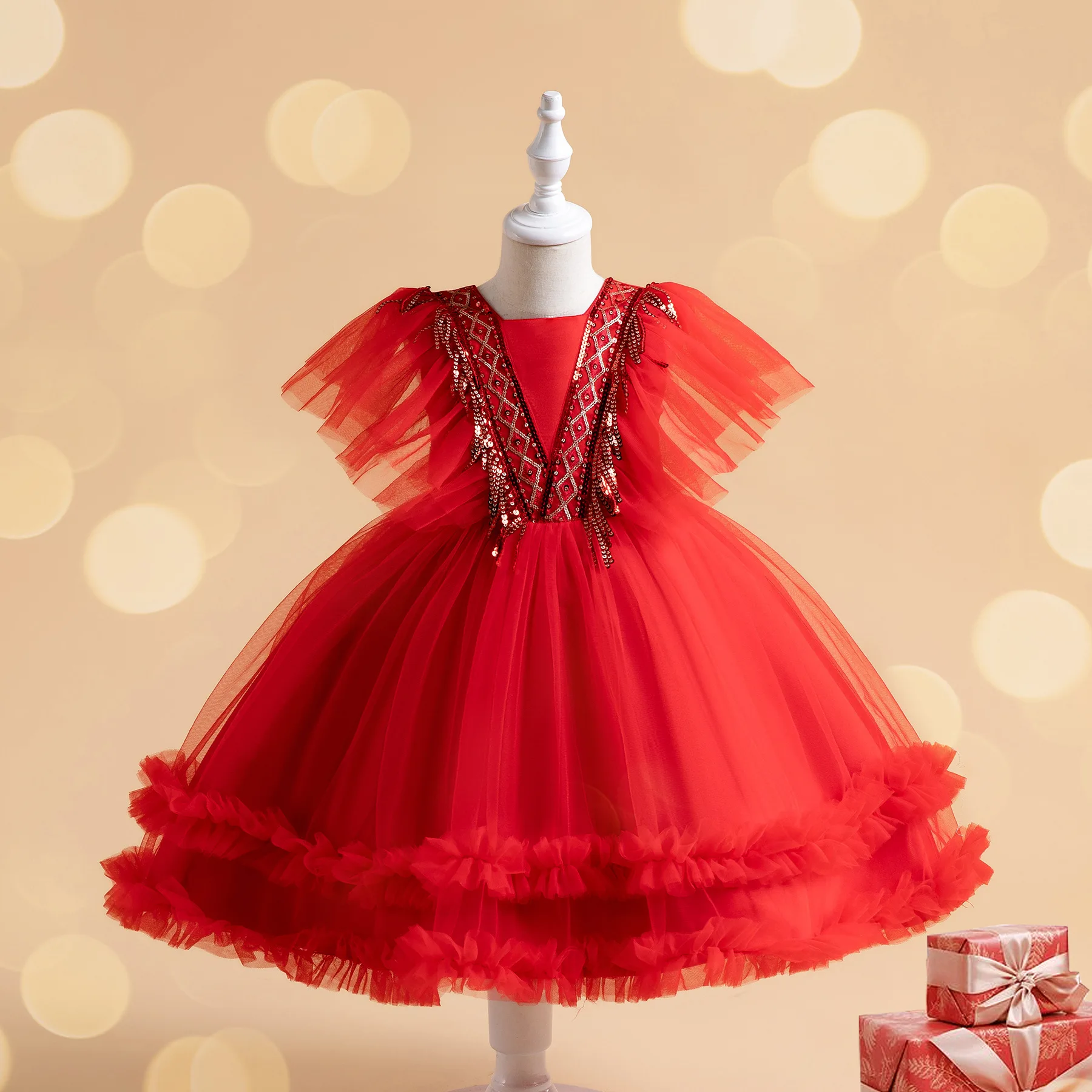 

2024 New Sequin Christmas Baby Girl Dresse Infant1st Birthday Party Wedding Prom Kids Dresses For Girl Lace Flower Princess Gown