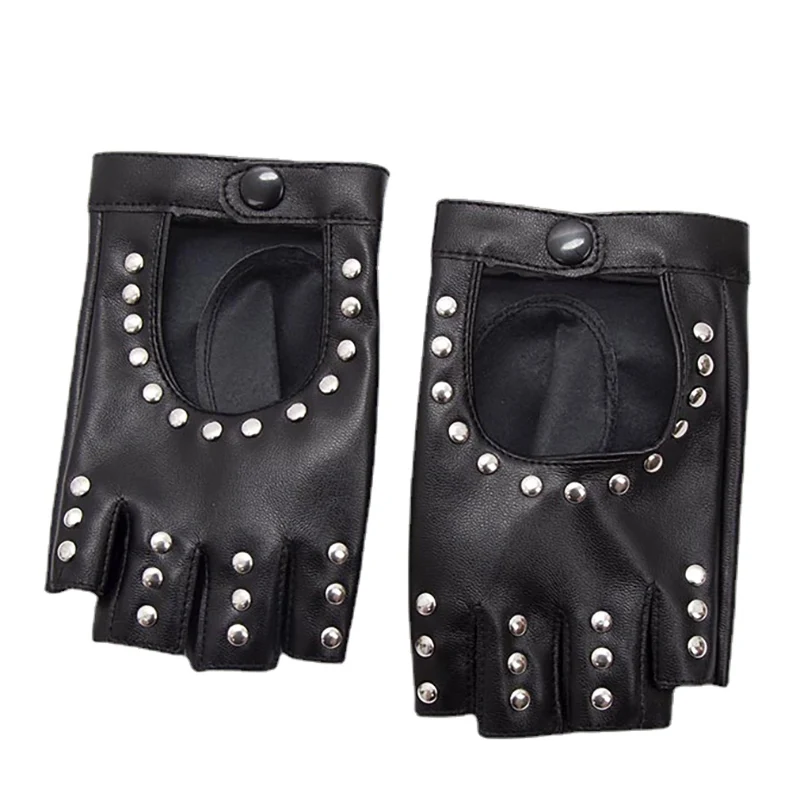 

1pair Women Men Fingerless Gloves with Studs Pu Leather Motorbike Riding Gloves Cool Rivets Dance Gloves Motorcycle Accessories