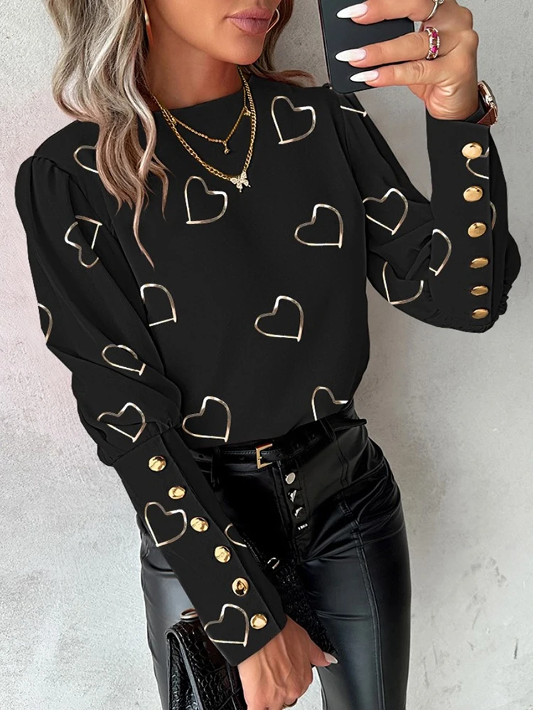 Fashion Women Love Print Blouse Patchwork Design Single-Breasted Decor O-Neck Long SleeveSpring Autumn Loose Pullovers Top 
Fashion Women Love Print Blouse Patchwork Design Single-Breasted Decor O-Neck Long SleeveSpring Autumn Loose Pullovers Top