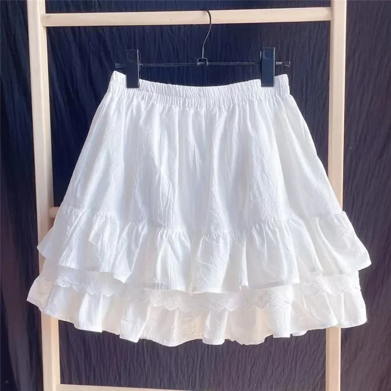 

Fashionable Ruffled Lace Patchwork Cotton White Mini Skirt Women's High Waisted A-line Skirt 2024 New Summer Casual L400