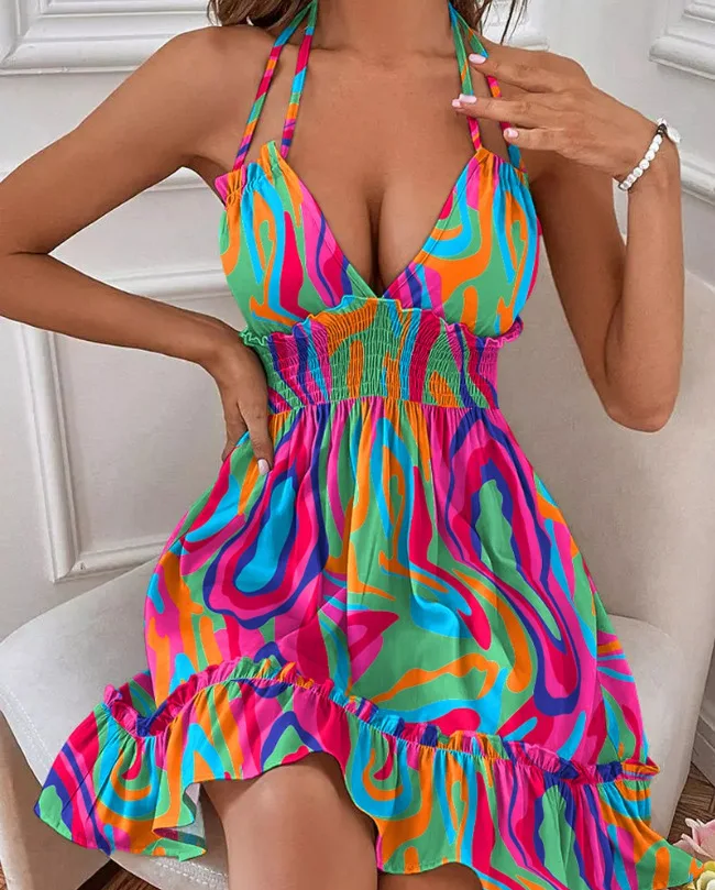 

Dress Women Sleeveless High Waist Rainbow Stripe Print Shirred Ruffles Halter Casual Summer Spring Mini Dress Sexy V Neck