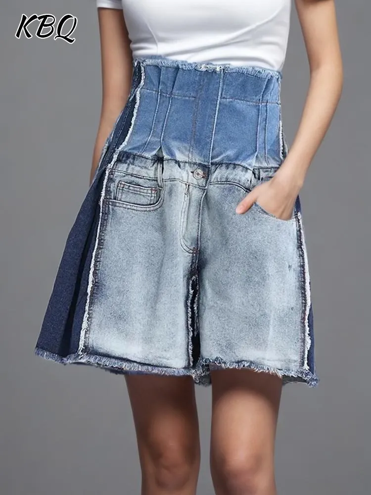 

KBQ Spliced Pocket Colorblock Loose Denim Shorts For Women High Waist Tunic Casual Wide Leg Short Pants Female Fashion Style New